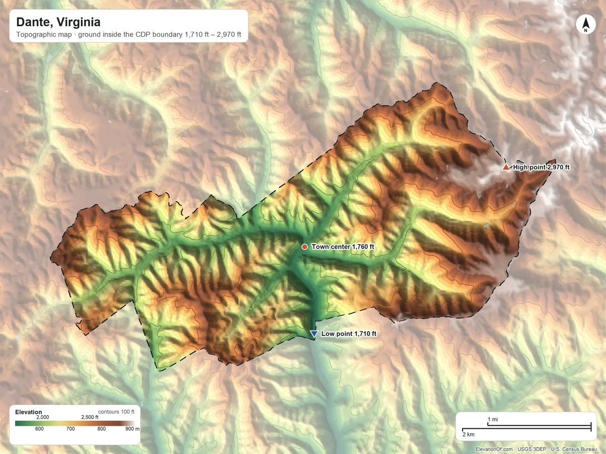 Topographic elevation map of Dante, Virginia, shaded from 1,710 ft on the south side to 2,970 ft on the east side