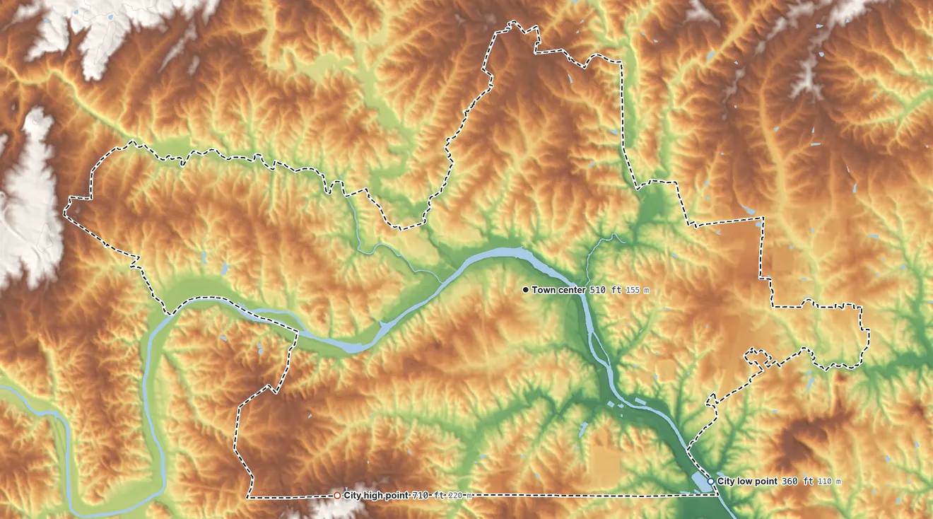 Topographic elevation map of Danville, Virginia, shaded from 360 ft on the southeast side to 710 ft on the southwest side