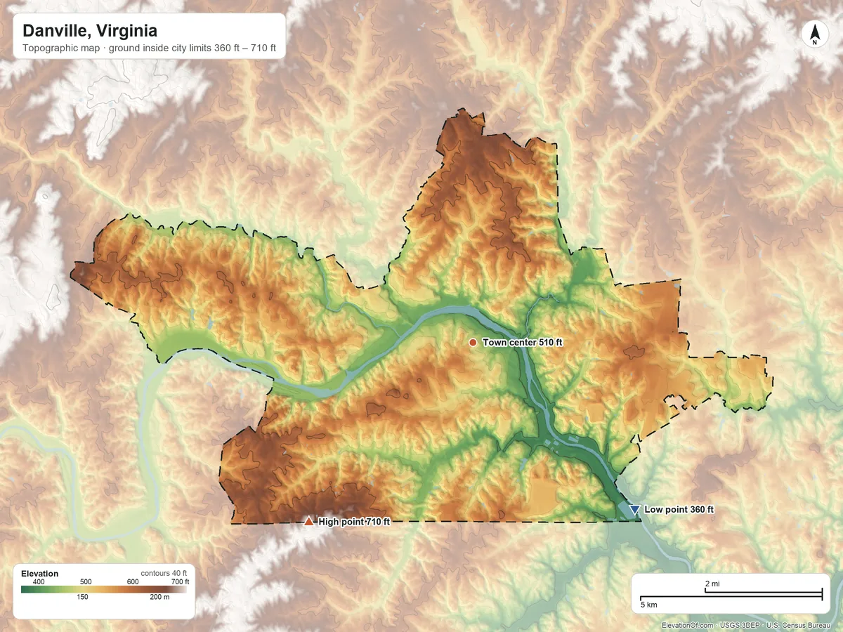 Topographic elevation map of Danville, Virginia, shaded from 360 ft on the southeast side to 710 ft on the southwest side