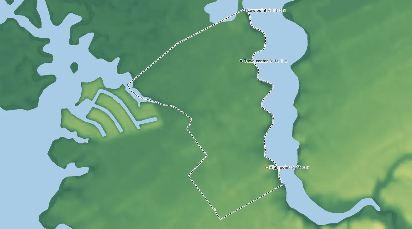 Topographic elevation map of Deep Creek, Virginia, shaded from sea level level on Deep Creek to 6 ft on the south side