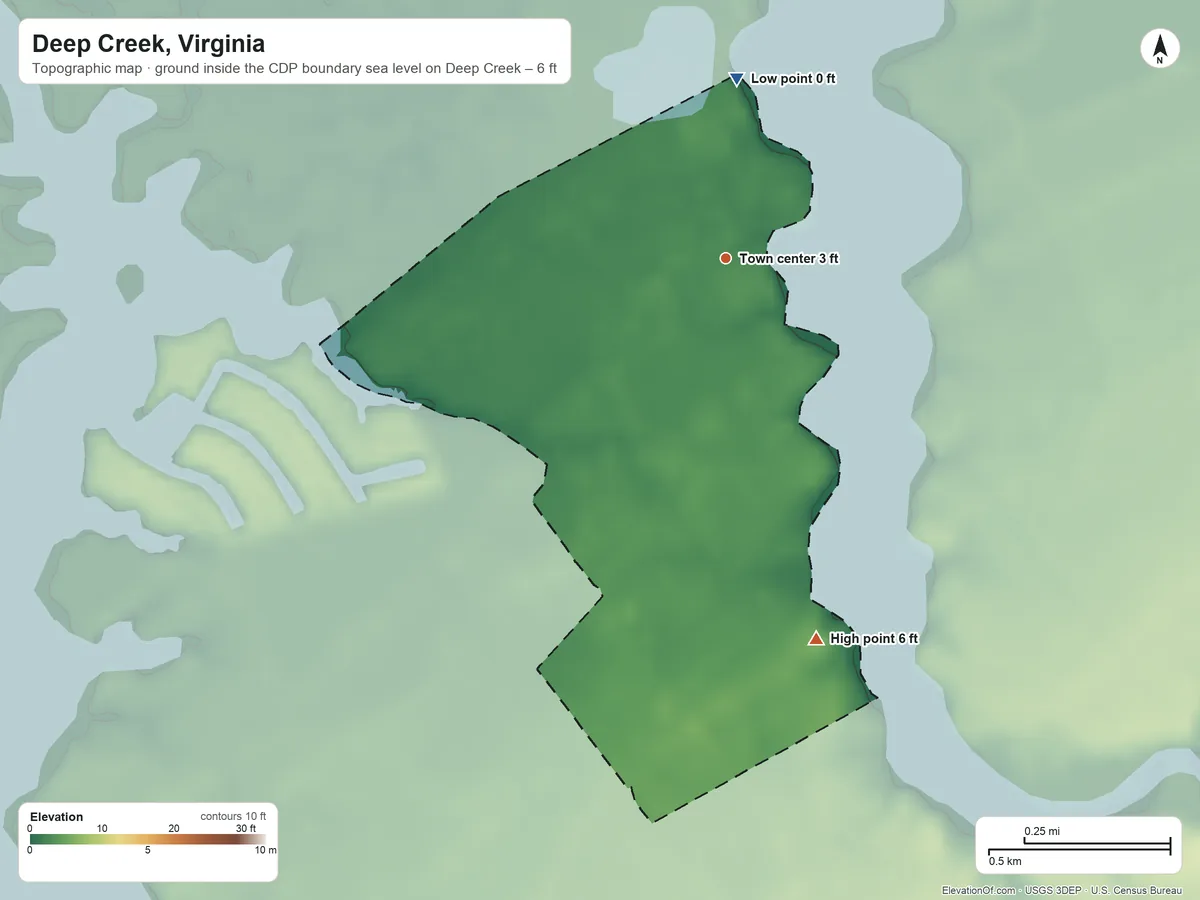 Topographic elevation map of Deep Creek, Virginia, shaded from sea level level on Deep Creek to 6 ft on the south side