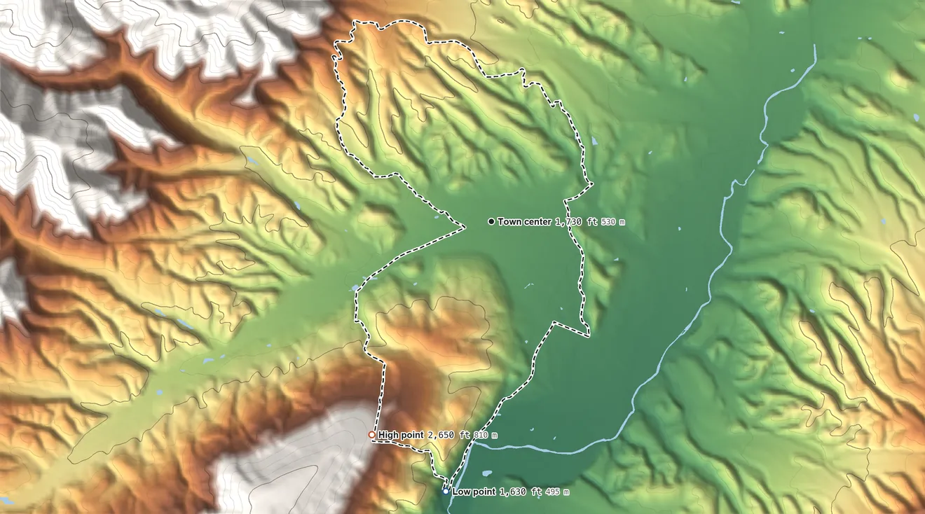 Topographic elevation map of Deerfield, Virginia, shaded from 1,630 ft on the south side to 2,650 ft on the southwest edge, below higher ground just outside