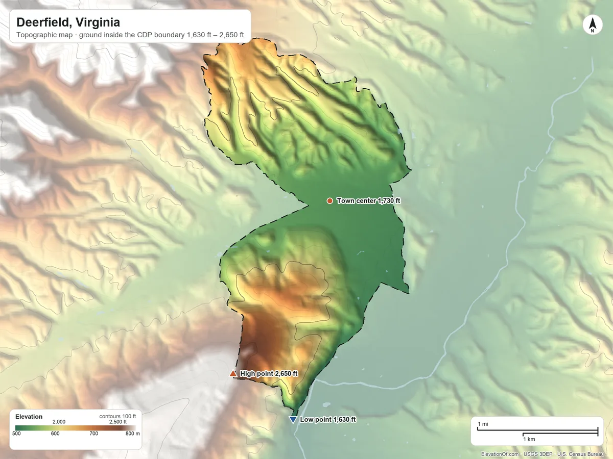 Topographic elevation map of Deerfield, Virginia, shaded from 1,630 ft on the south side to 2,650 ft on the southwest edge, below higher ground just outside