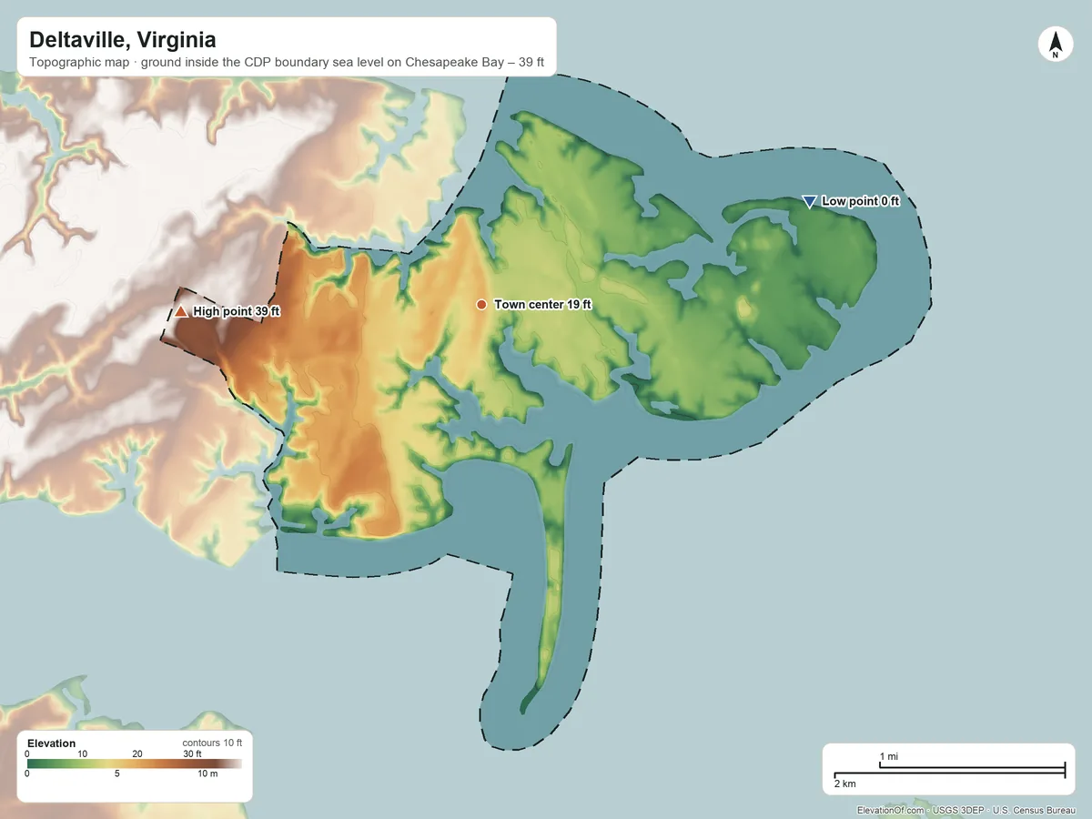Topographic elevation map of Deltaville, Virginia, shaded from sea level level on Chesapeake Bay to 39 ft on the west side