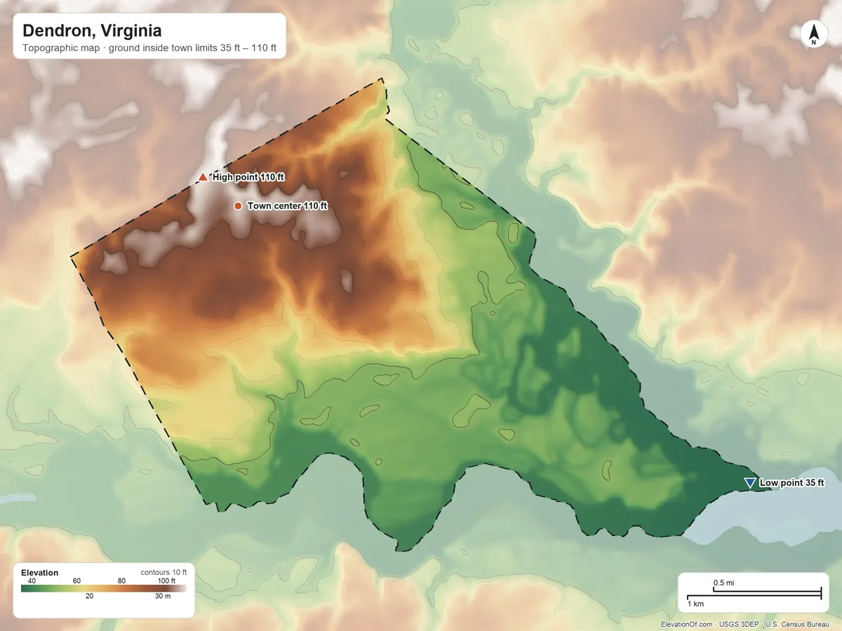 Topographic elevation map of Dendron, Virginia, shaded from 35 ft on the southeast side to 110 ft near the middle