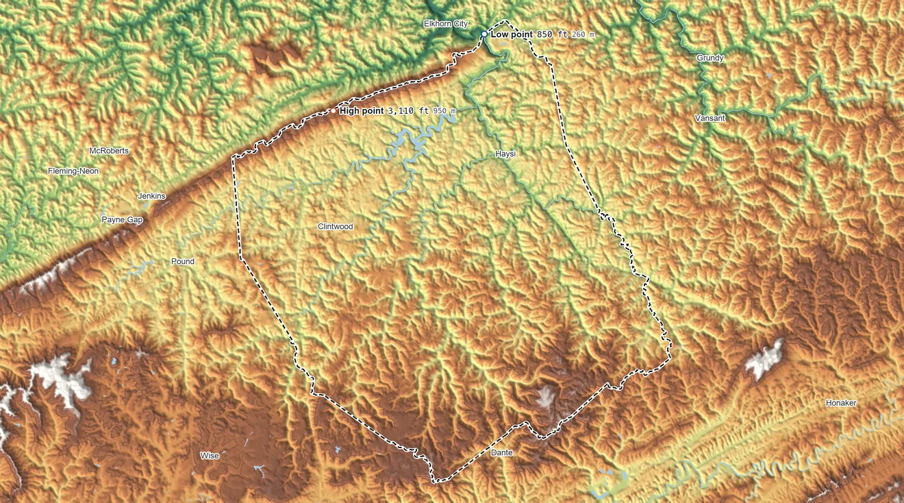 Topographic elevation map of Dickenson County, Virginia, shaded from 850 ft on the north side to 3,110 ft on the northwest side