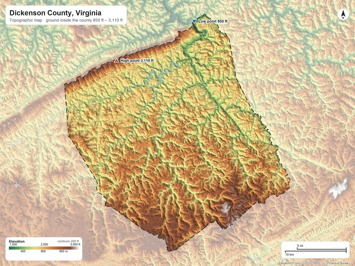 Topographic elevation map of Dickenson County, Virginia, shaded from 850 ft on the north side to 3,110 ft on the northwest side