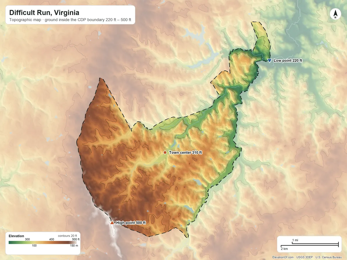 Topographic elevation map of Difficult Run, Virginia, shaded from 220 ft on the northeast side to 500 ft on the southwest side