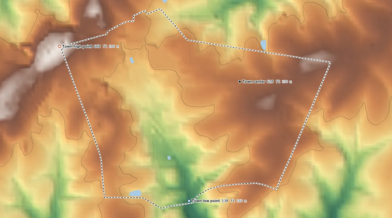 Topographic elevation map of Dillwyn, Virginia, shaded from 530 ft on the southwest side to 660 ft on the west side