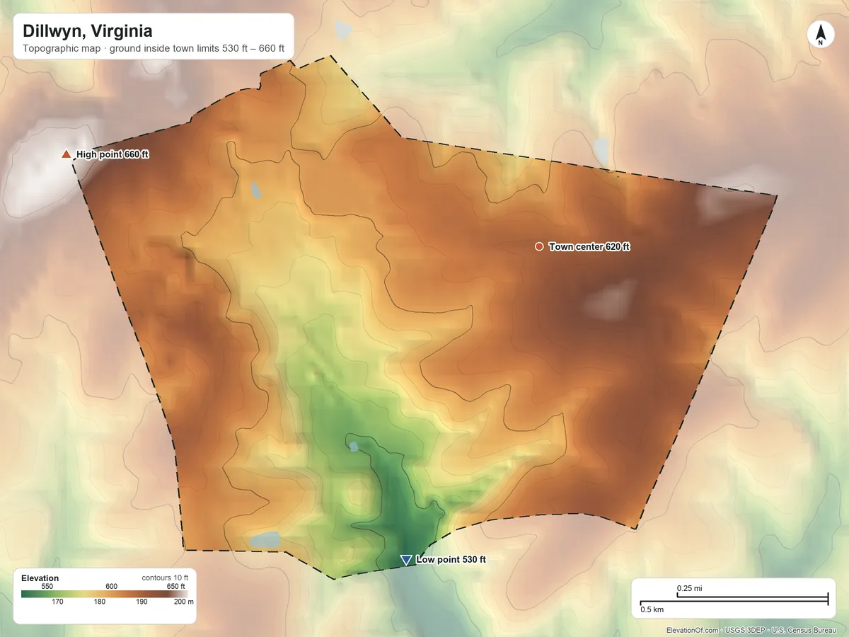 Topographic elevation map of Dillwyn, Virginia, shaded from 530 ft on the southwest side to 660 ft on the west side