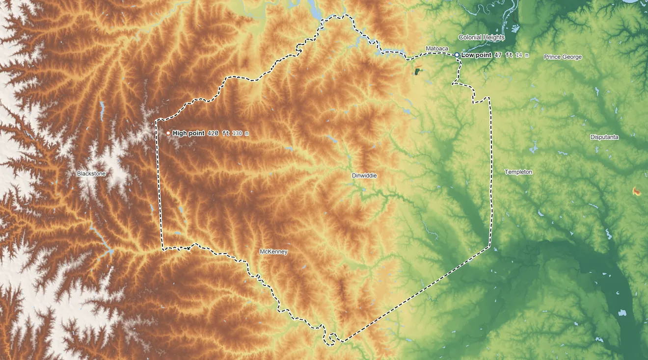 Topographic elevation map of Dinwiddie County, Virginia, shaded from 47 ft on the northeast side to 420 ft on the west side