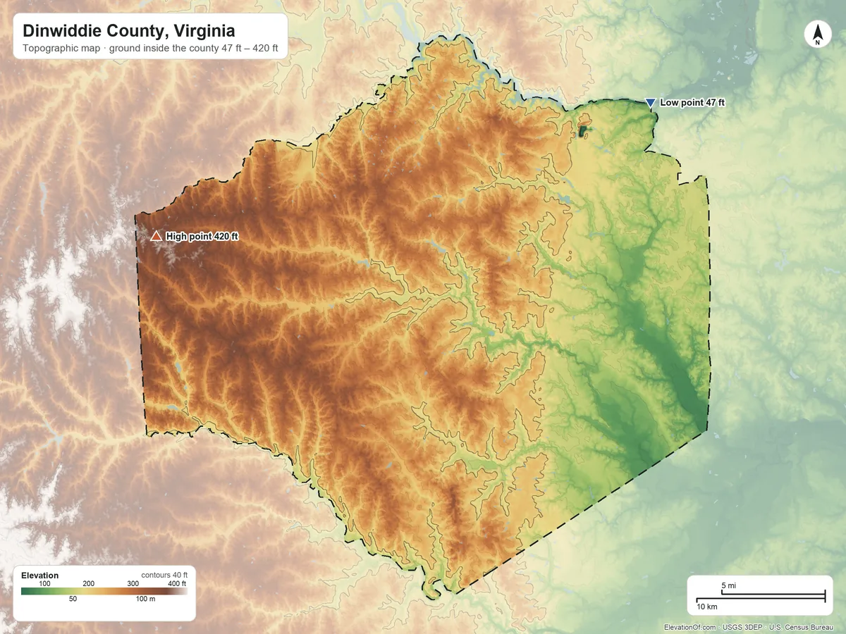 Topographic elevation map of Dinwiddie County, Virginia, shaded from 47 ft on the northeast side to 420 ft on the west side
