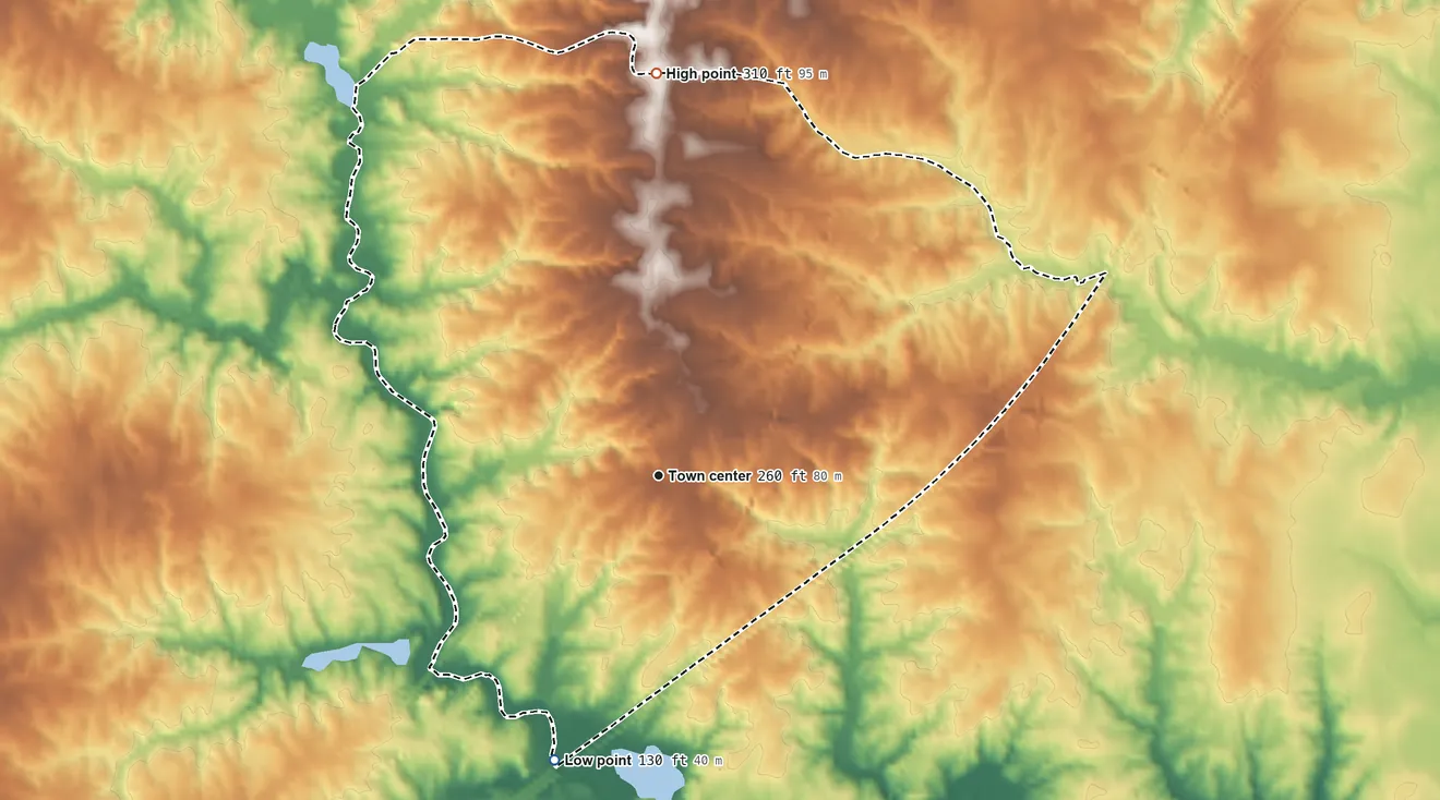 Topographic elevation map of Dinwiddie, Virginia, shaded from 130 ft on the south side to 310 ft on the north side