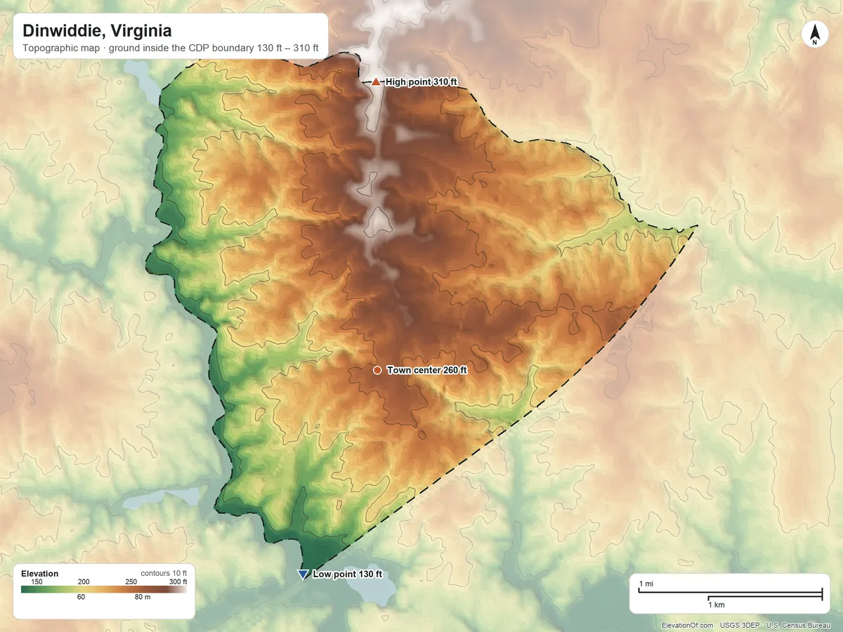 Topographic elevation map of Dinwiddie, Virginia, shaded from 130 ft on the south side to 310 ft on the north side
