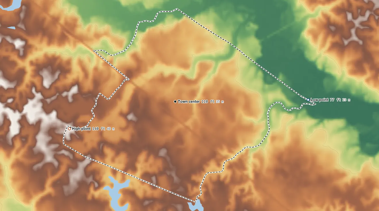 Topographic elevation map of Disputanta, Virginia, shaded from 77 ft on the east side to 140 ft on the west side