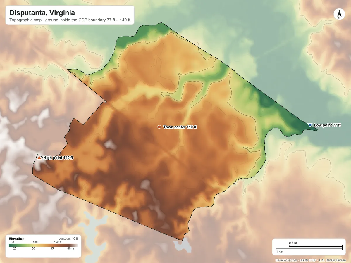 Topographic elevation map of Disputanta, Virginia, shaded from 77 ft on the east side to 140 ft on the west side