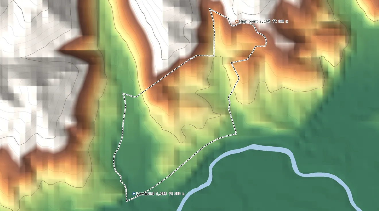Topographic elevation map of Doran, Virginia, shaded from 1,930 ft on the southwest side to 2,160 ft at the foot of the Little Mountain