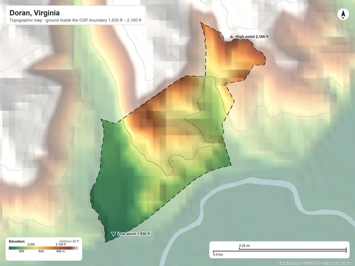 Topographic elevation map of Doran, Virginia, shaded from 1,930 ft on the southwest side to 2,160 ft at the foot of the Little Mountain