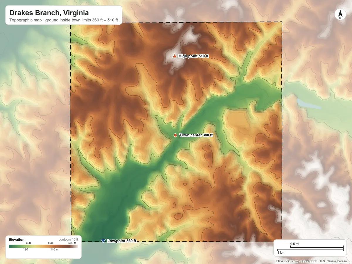 Topographic elevation map of Drakes Branch, Virginia, shaded from 360 ft on the southwest side to 510 ft on the north side