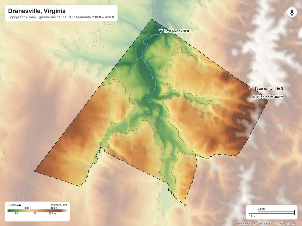 Topographic elevation map of Dranesville, Virginia, shaded from 230 ft on the northwest side to 450 ft near the middle