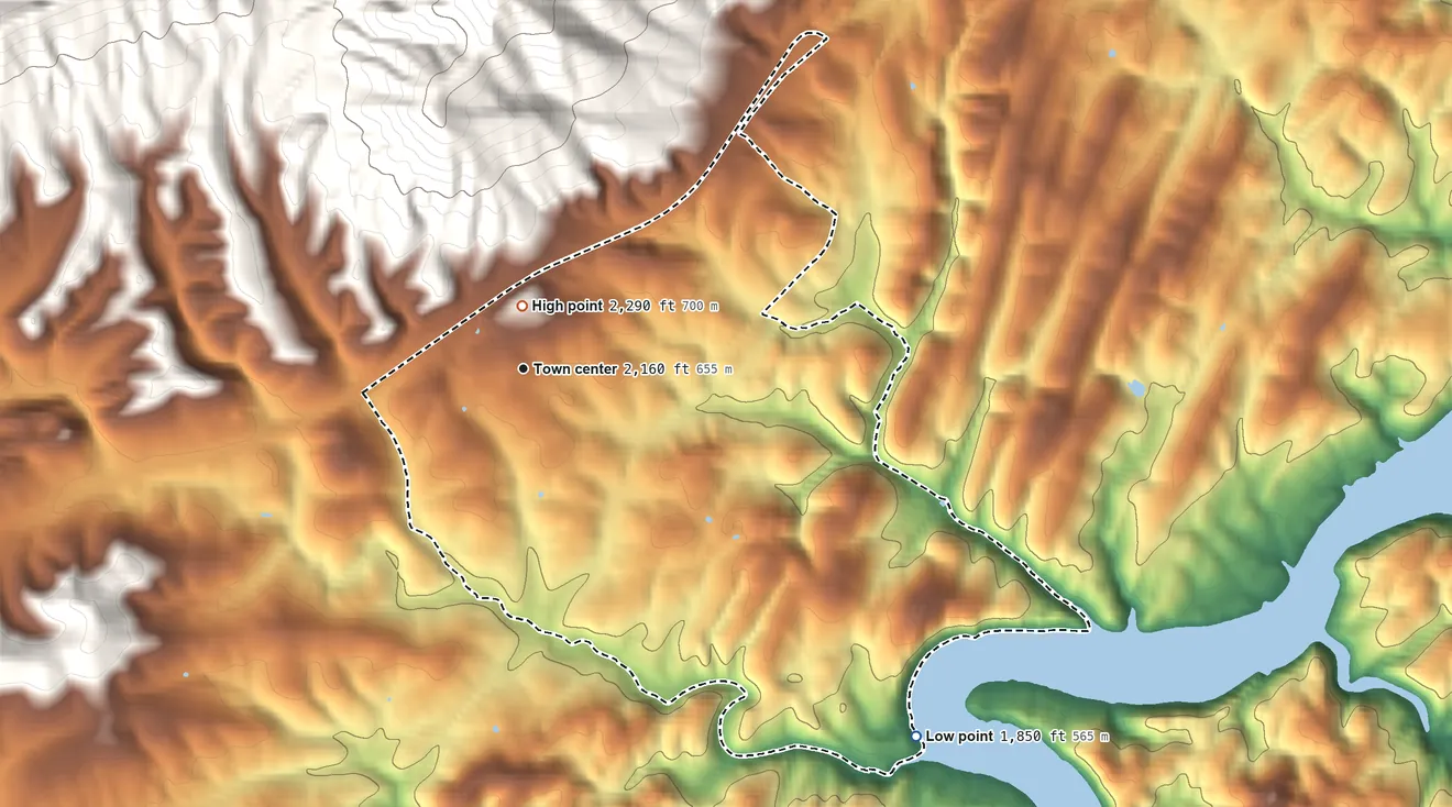Topographic elevation map of Draper, Virginia, shaded from 1,850 ft on the southeast side to 2,290 ft on the north edge, below higher ground just outside