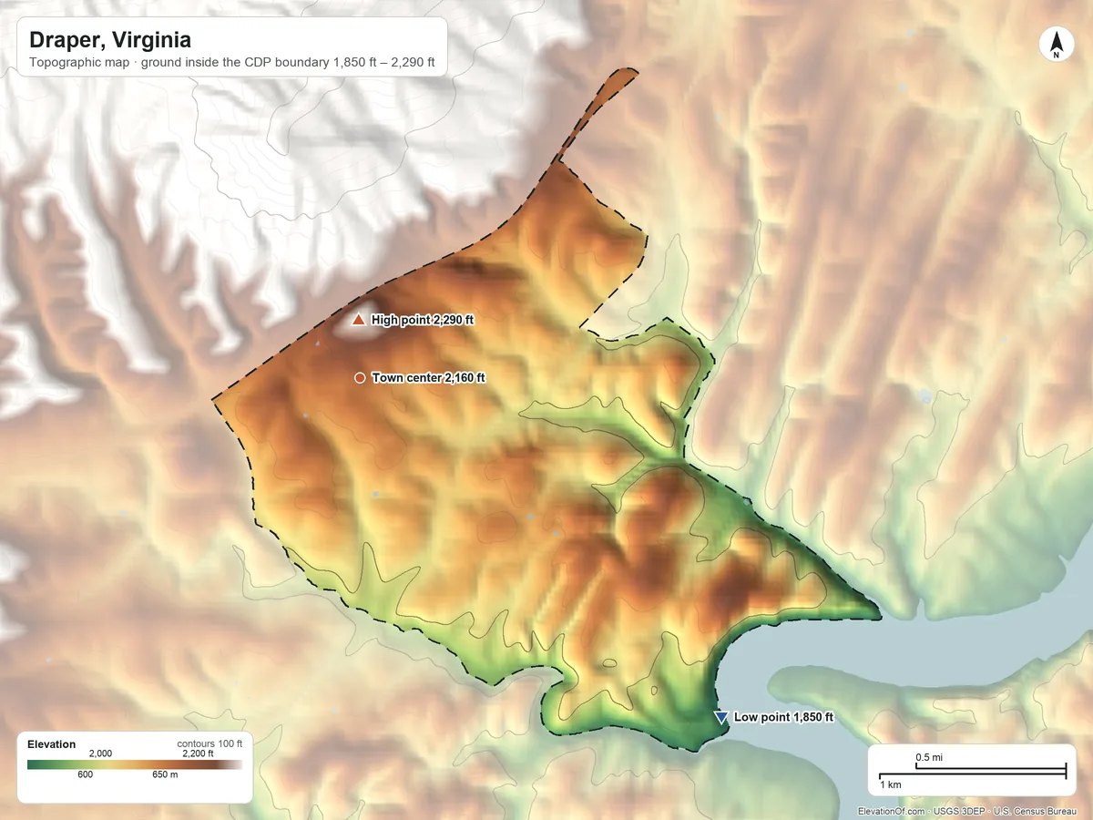 Topographic elevation map of Draper, Virginia, shaded from 1,850 ft on the southeast side to 2,290 ft on the north edge, below higher ground just outside