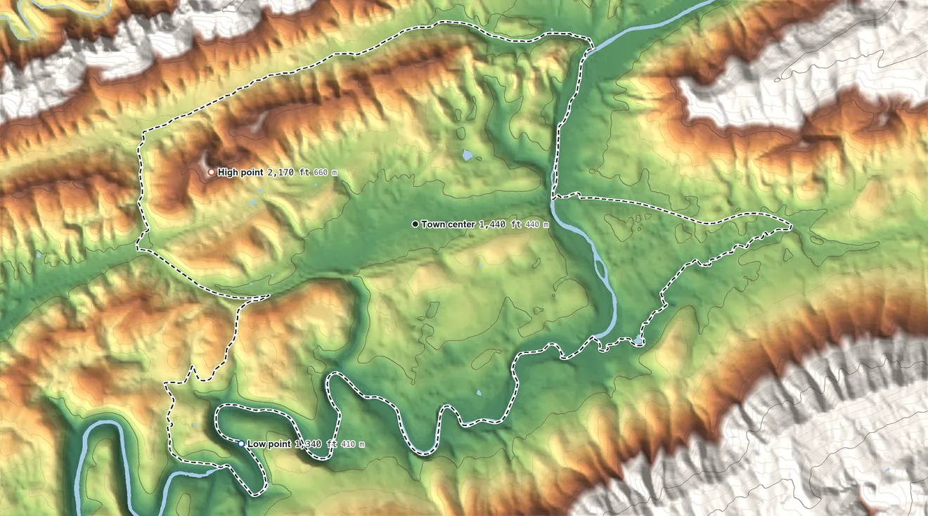 Topographic elevation map of Dryden, Virginia, shaded from 1,340 ft on the southwest side to 2,170 ft at the foot of the Potato Hill Knobs