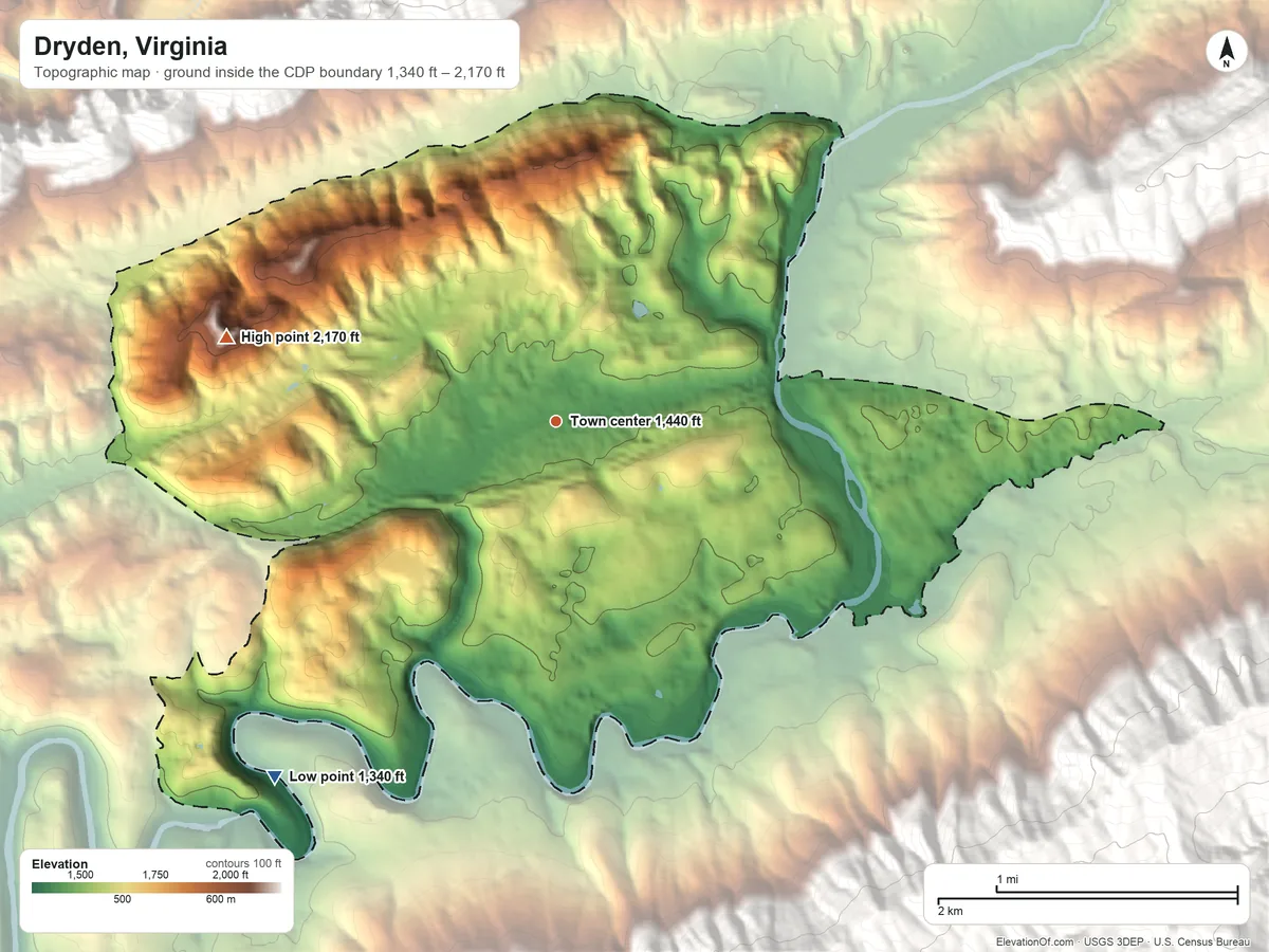 Topographic elevation map of Dryden, Virginia, shaded from 1,340 ft on the southwest side to 2,170 ft at the foot of the Potato Hill Knobs