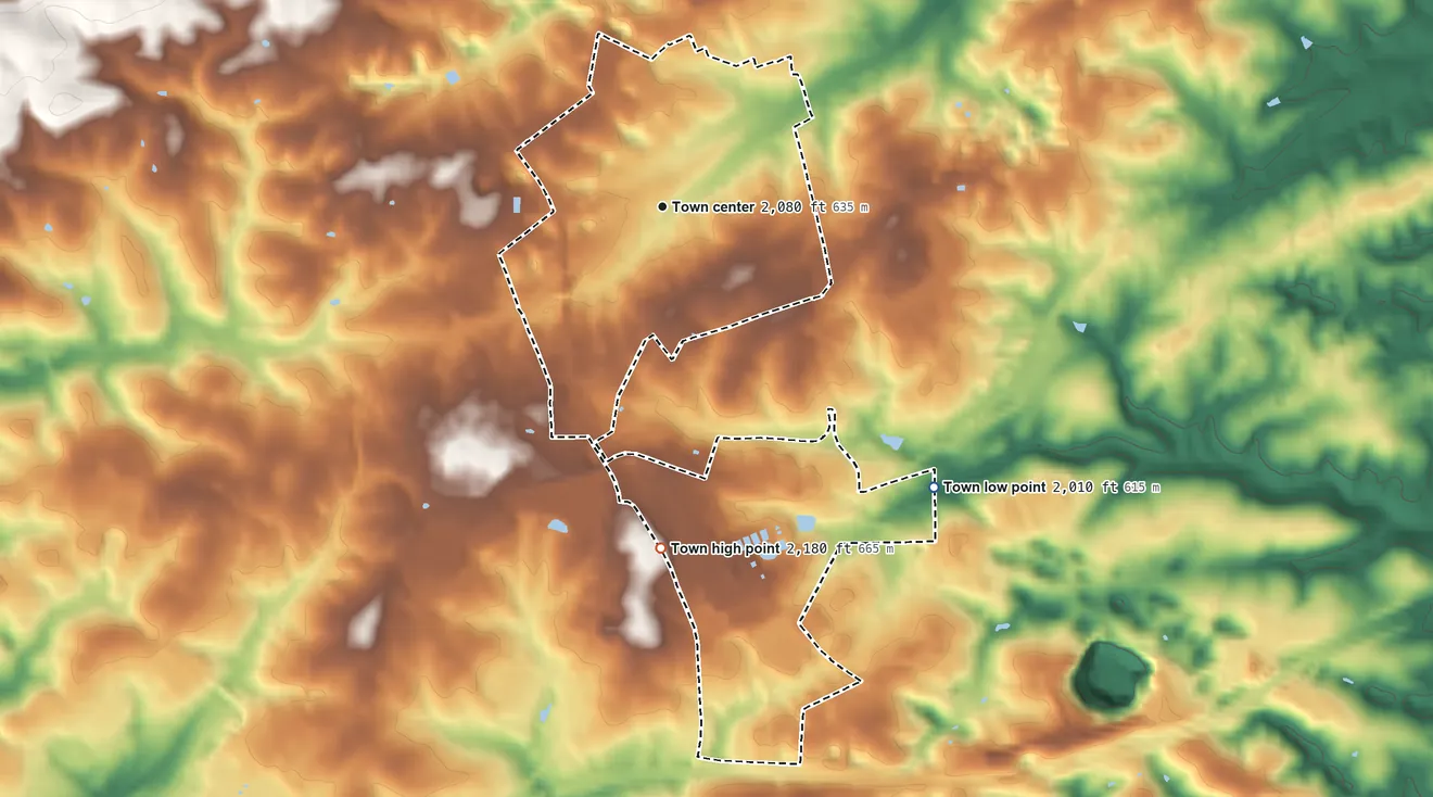 Topographic elevation map of Dublin, Virginia, shaded from 2,010 ft on the southeast side to 2,180 ft on the south side