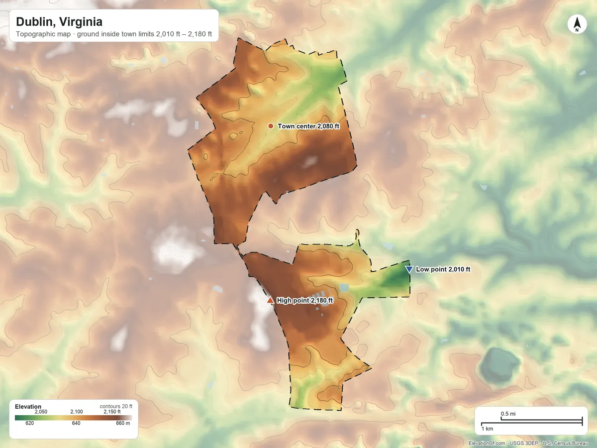 Topographic elevation map of Dublin, Virginia, shaded from 2,010 ft on the southeast side to 2,180 ft on the south side