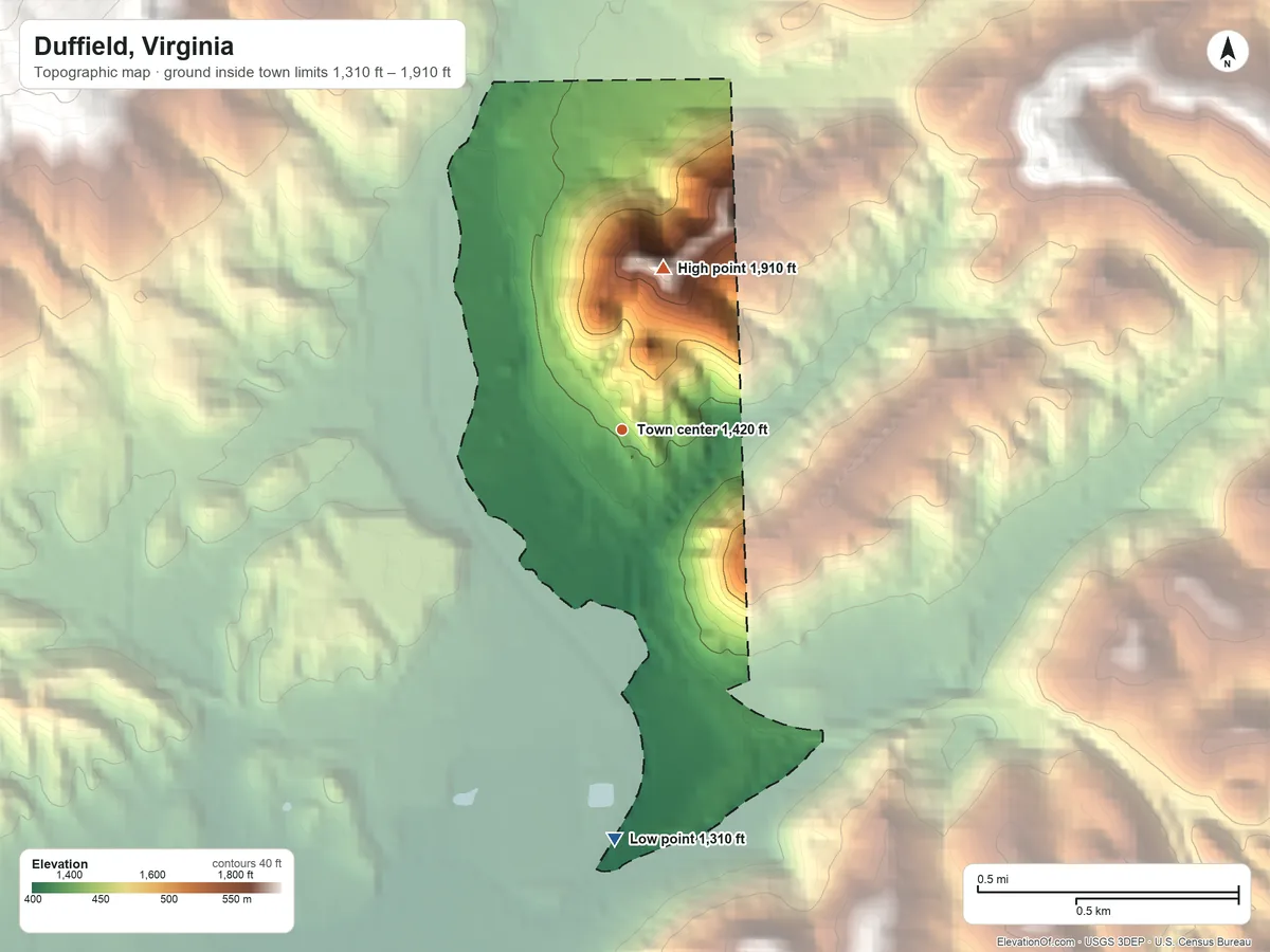 Topographic elevation map of Duffield, Virginia, shaded from 1,310 ft on the south side to 1,910 ft at the foot of the Potato Hill Knobs