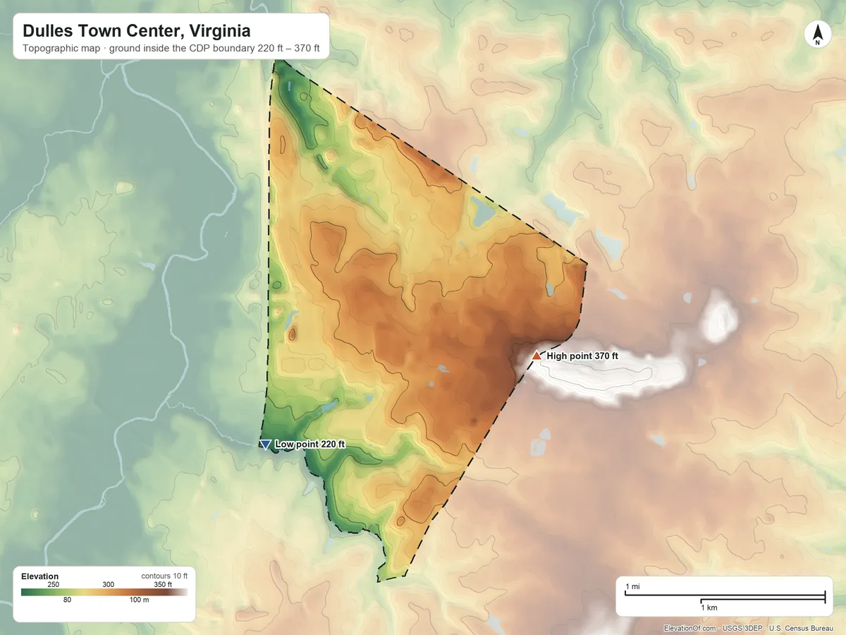 Topographic elevation map of Dulles Town Center, Virginia, shaded from 220 ft on the southwest side to 370 ft on the southeast edge, below higher ground just outside