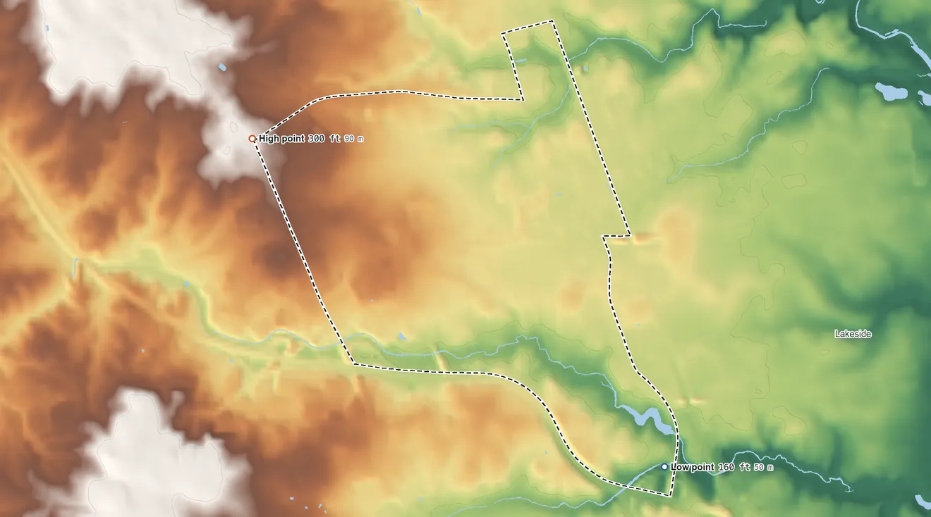 Topographic elevation map of Dumbarton, Virginia, shaded from 160 ft on the southeast side to 300 ft on the northwest side