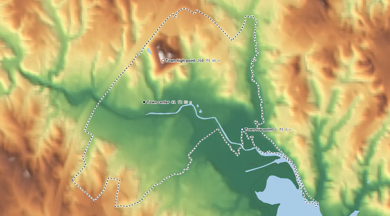 Topographic elevation map of Dumfries, Virginia, shaded from 1 ft on the east side to 260 ft on the northeast side