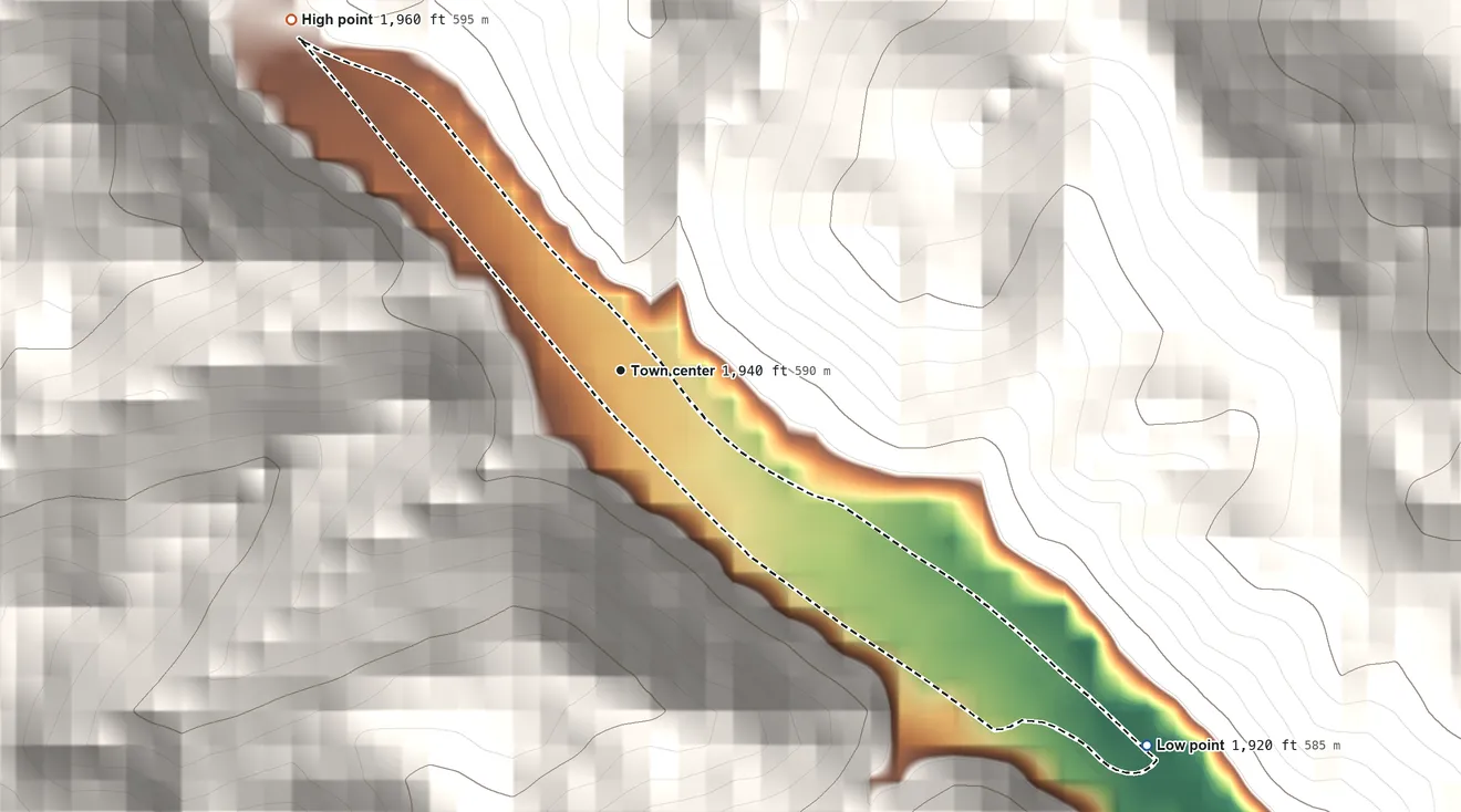Topographic elevation map of Dunbar, Virginia, shaded from 1,920 ft on the southeast side to 1,960 ft on the northwest edge, below higher ground just outside