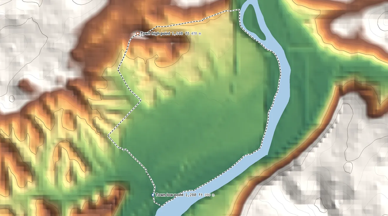 Topographic elevation map of Dungannon, Virginia, shaded from 1,280 ft on the southwest side to 1,540 ft on the northwest edge, below higher ground just outside
