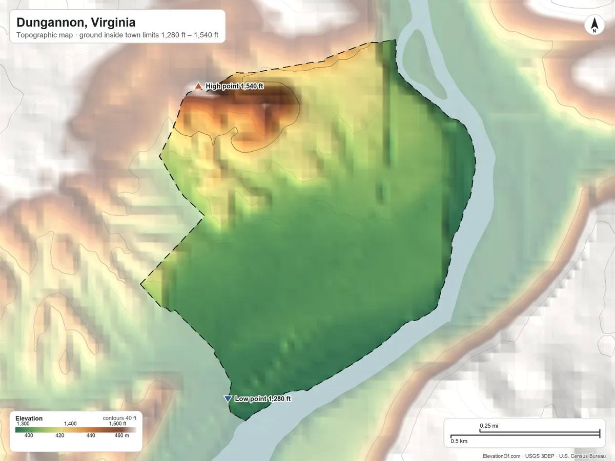 Topographic elevation map of Dungannon, Virginia, shaded from 1,280 ft on the southwest side to 1,540 ft on the northwest edge, below higher ground just outside