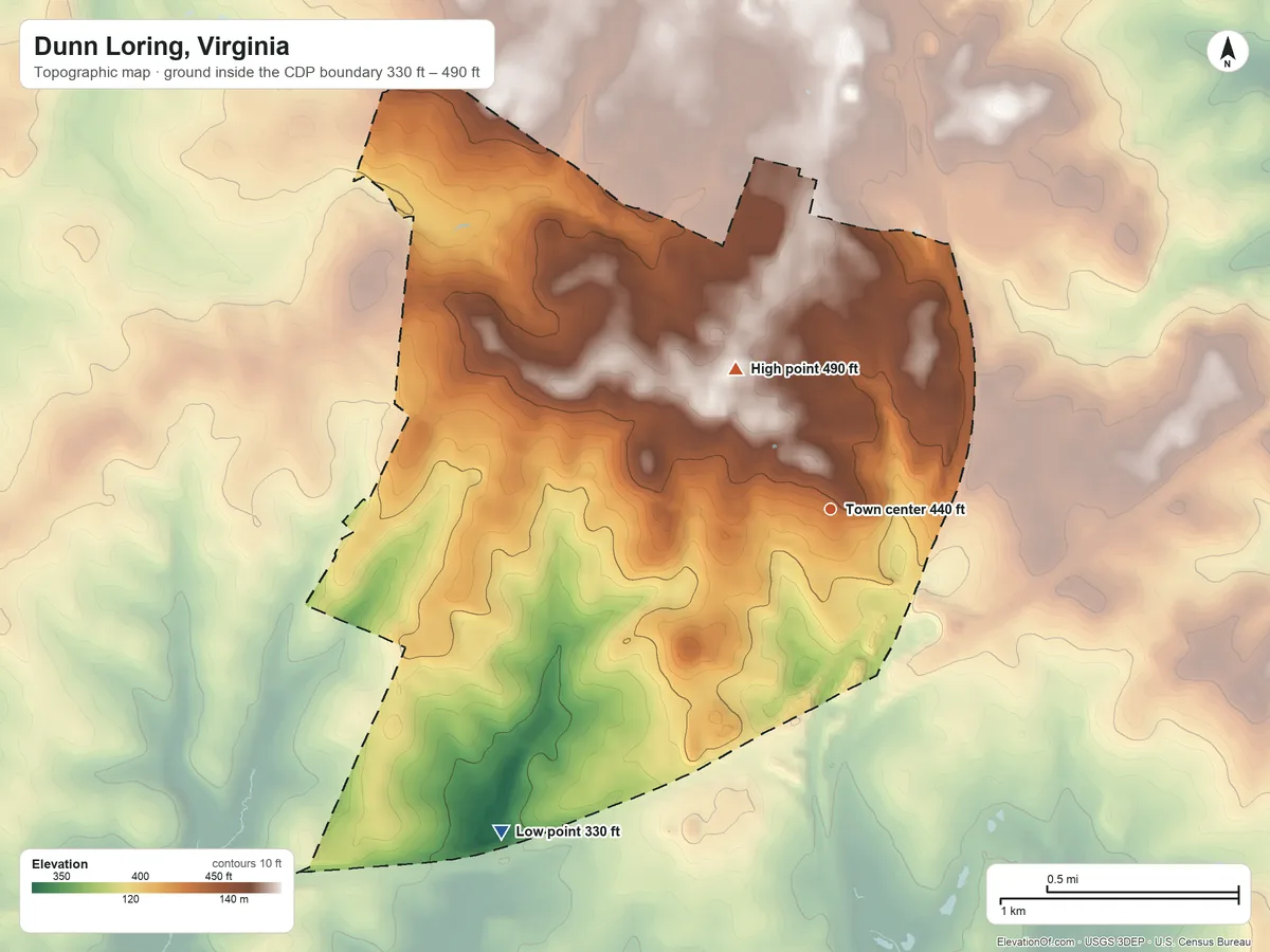 Topographic elevation map of Dunn Loring, Virginia, shaded from 330 ft on the southwest side to 490 ft on the northwest side