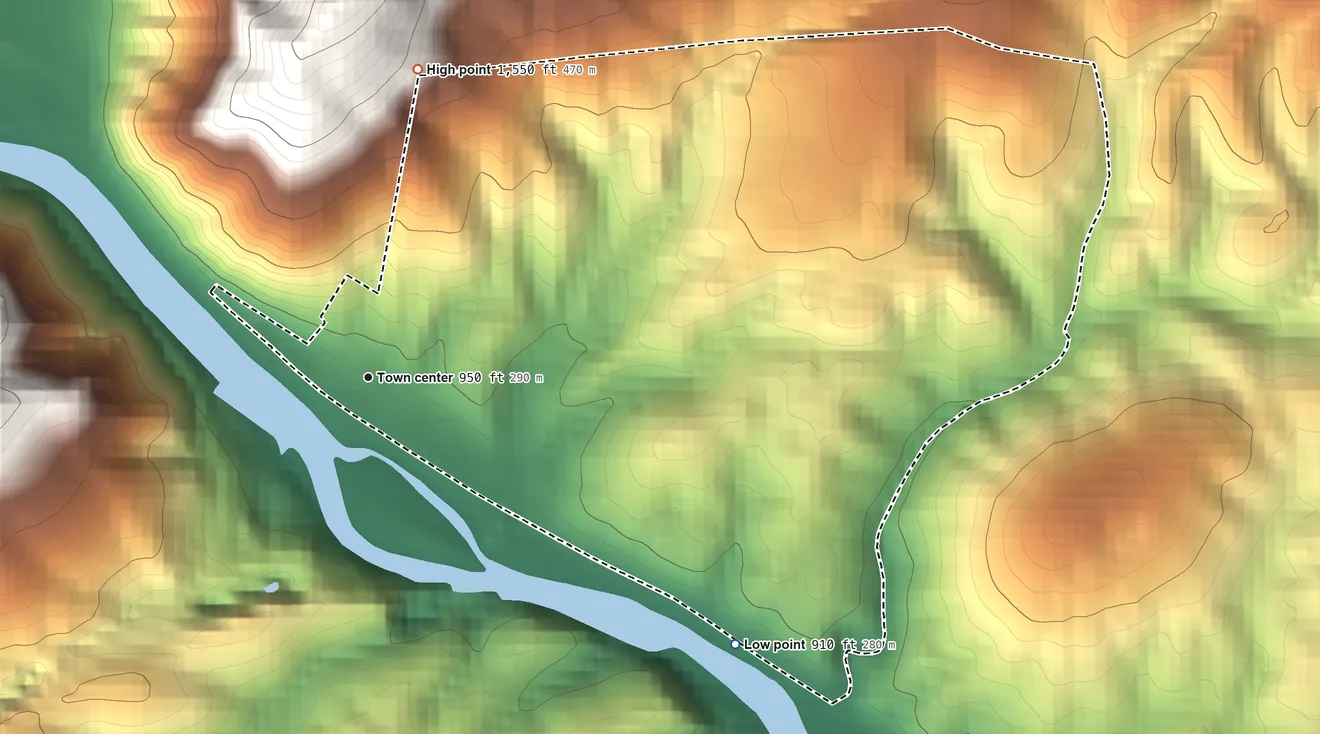 Topographic elevation map of Eagle Rock, Virginia, shaded from 910 ft on the southeast side to 1,550 ft at the foot of the Short Hills