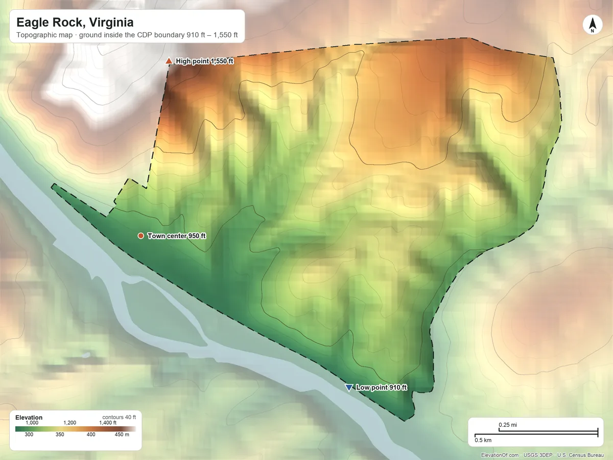 Topographic elevation map of Eagle Rock, Virginia, shaded from 910 ft on the southeast side to 1,550 ft at the foot of the Short Hills