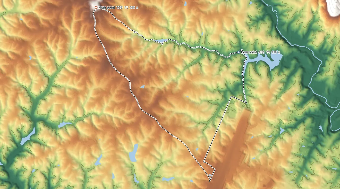Topographic elevation map of Earlysville, Virginia, shaded from 430 ft on the northeast side to 720 ft on the northwest side