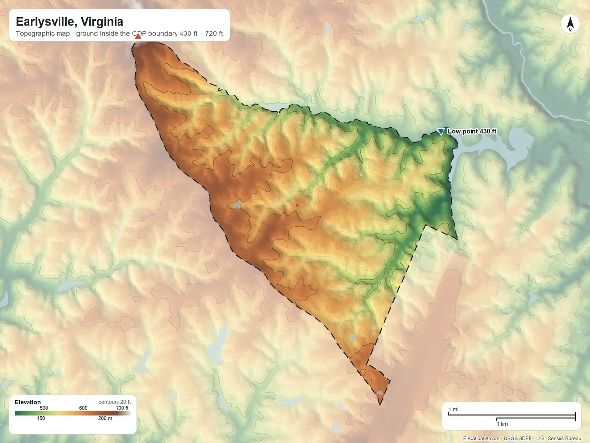 Topographic elevation map of Earlysville, Virginia, shaded from 430 ft on the northeast side to 720 ft on the northwest side