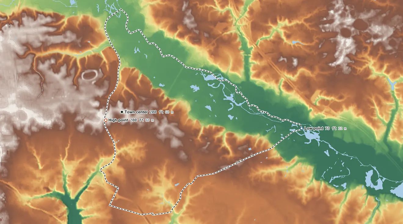 Topographic elevation map of East Highland Park, Virginia, shaded from 73 ft on the east side to 200 ft near the middle