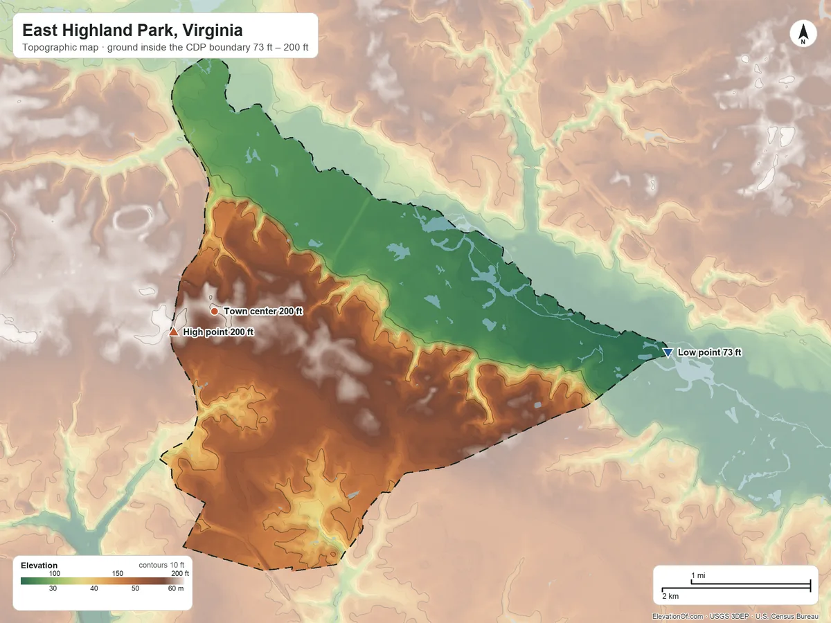 Topographic elevation map of East Highland Park, Virginia, shaded from 73 ft on the east side to 200 ft near the middle
