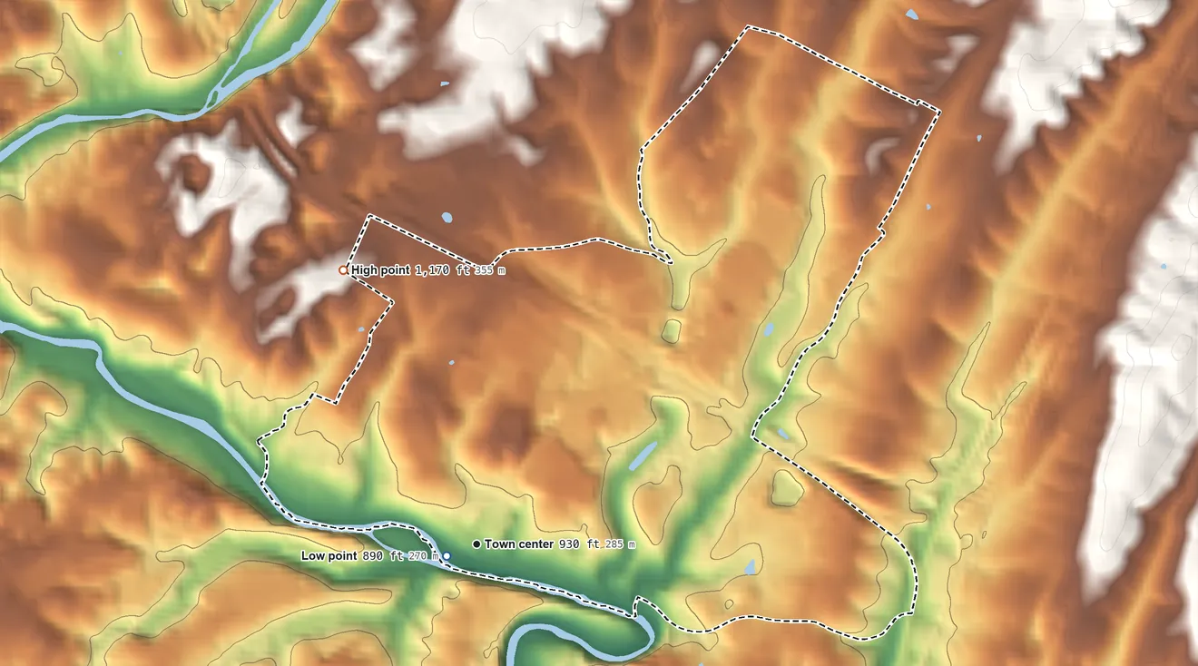 Topographic elevation map of East Lexington, Virginia, shaded from 890 ft near the middle to 1,170 ft on the northwest side