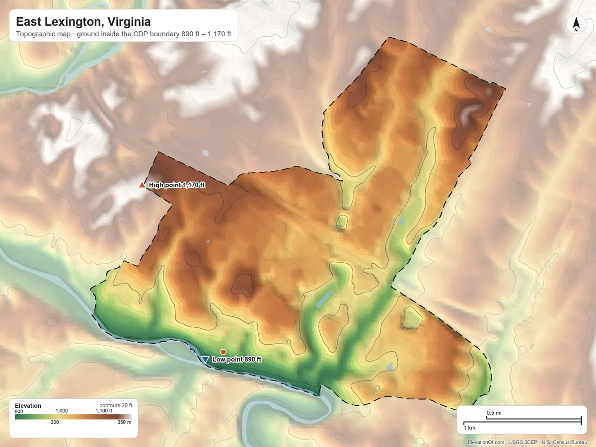 Topographic elevation map of East Lexington, Virginia, shaded from 890 ft near the middle to 1,170 ft on the northwest side