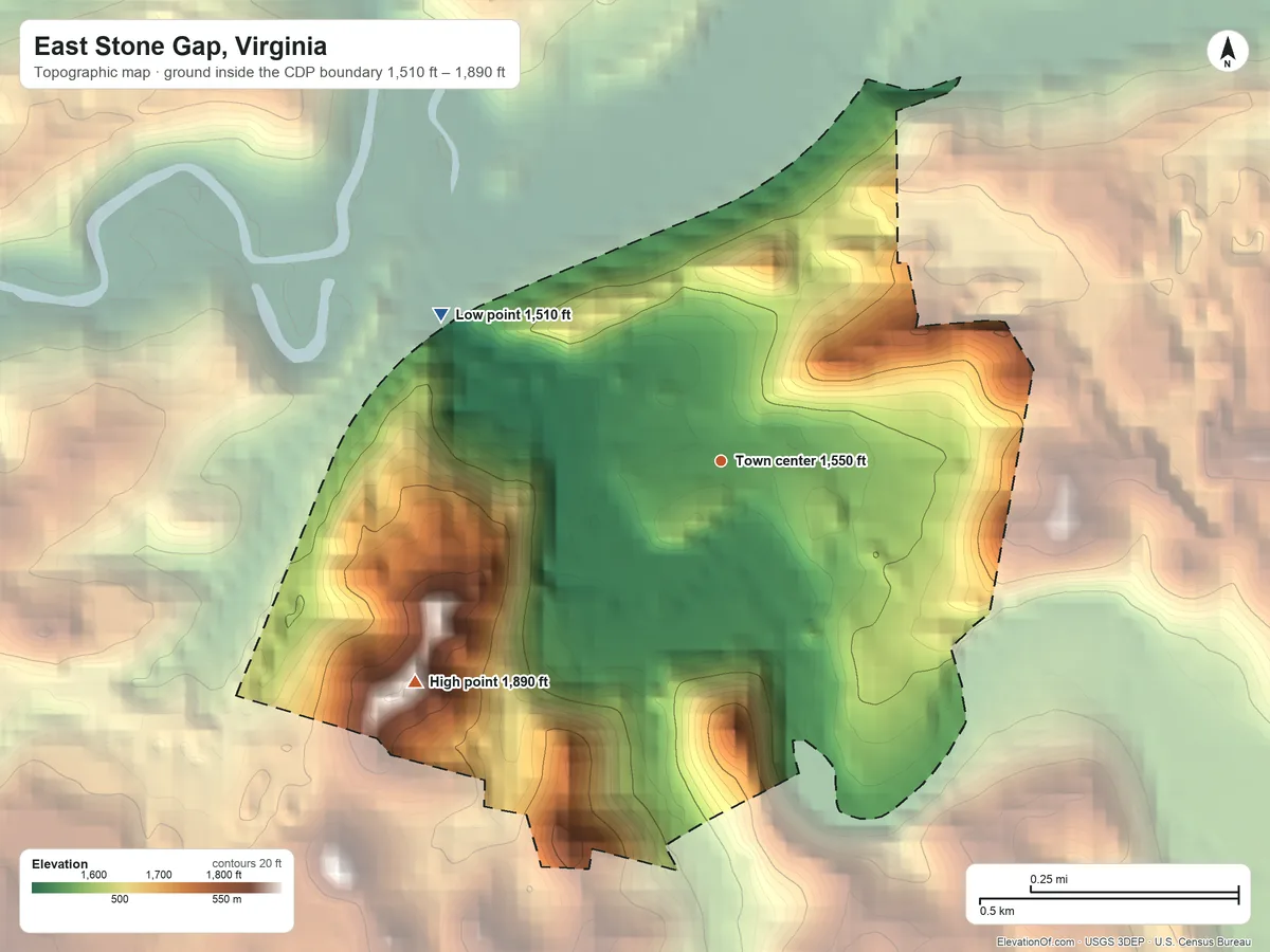 Topographic elevation map of East Stone Gap, Virginia, shaded from 1,510 ft on the northwest side to 1,890 ft on the southwest edge, below higher ground just outside