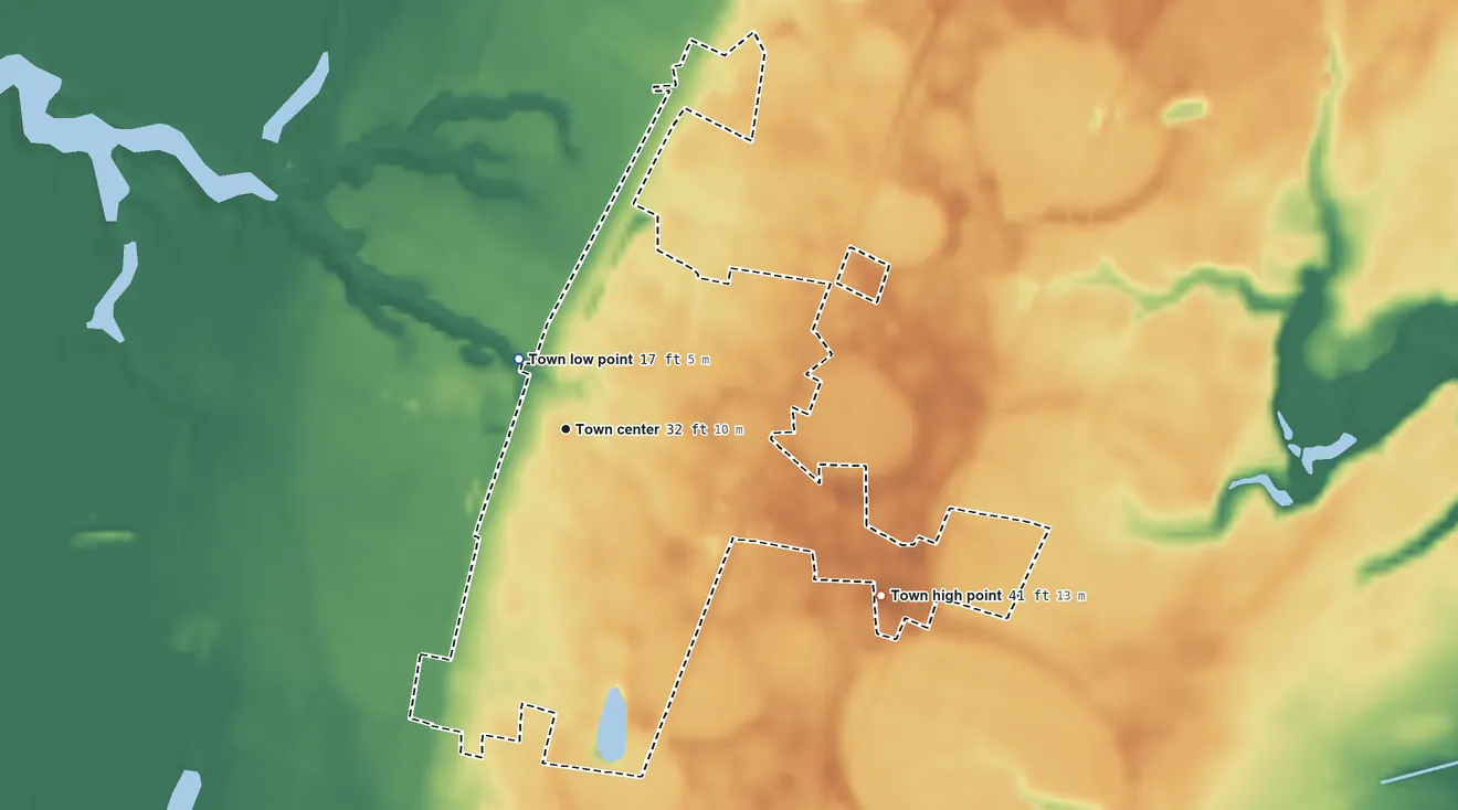 Topographic elevation map of Eastville, Virginia, shaded from 17 ft near the middle to 41 ft on the southeast side