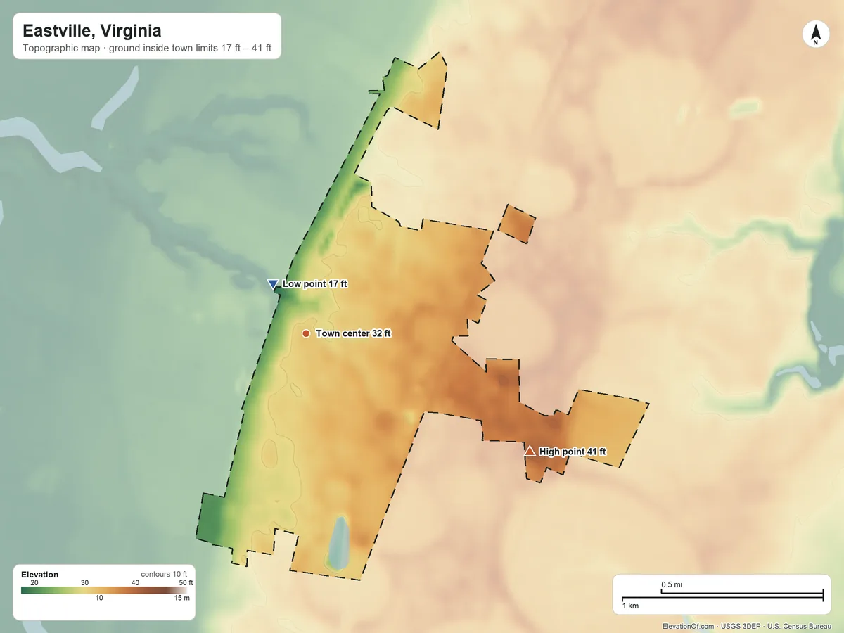 Topographic elevation map of Eastville, Virginia, shaded from 17 ft near the middle to 41 ft on the southeast side