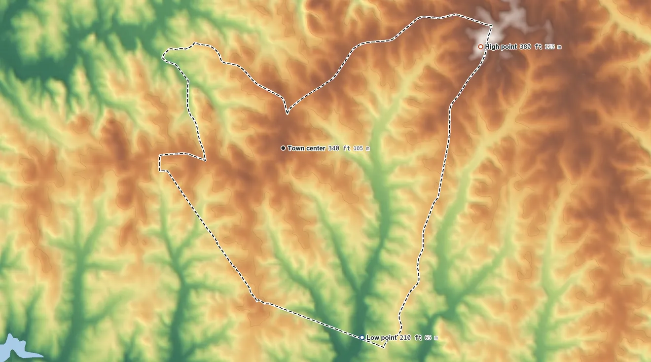 Topographic elevation map of Ebony, Virginia, shaded from 210 ft on the southeast side to 380 ft on the northeast side